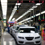 End of the line: Complete and ready to roll, a new Saab 9-5 reaches the end of the assembly line. End of the line: Complete and ready to roll, a new Saab 9-5 reaches the end of the assembly line.