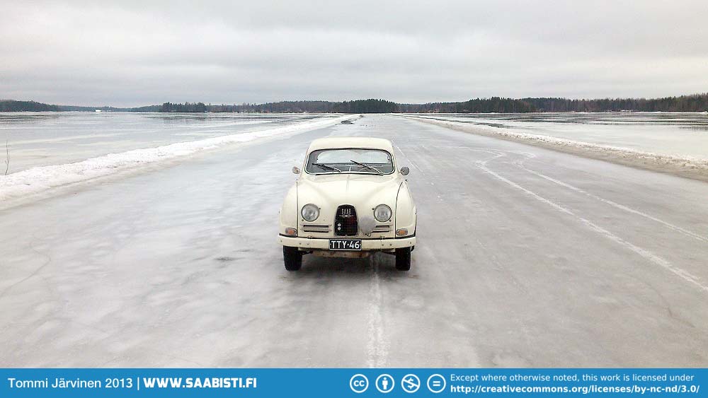 Saab 96 1964 on ice road. A few months on it's going to be boats sailing here. Saab 96 1964 on ice road. A few months on it's going to be boats sailing here.
