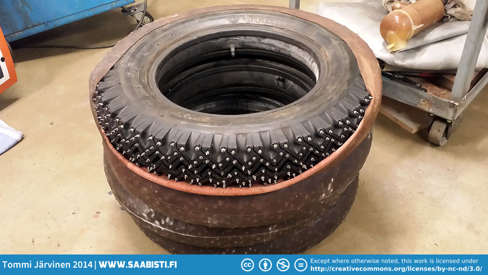 Old B.F. Goodrich mud&snow tyres with studs - probably from the sixties or early seventies. These came originally to Mikko from Jari Vilkas (Saab Works Finland rally driver also), son of Onni Vilkas mentioned above. Onni had a tyre shop. The cool thing is that BFG was an American company, but the tyres were made in Sweden, and studded in Finland at Onni's shop!