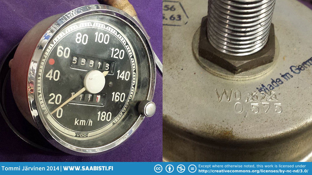 A Saab Sport speedometer. I was wondering about the changed markings on the back. A fellow car enthusiast pointed out that it probably means the final ratio was changed. I think the final ratio was changed from Saab Sport ratio to the regular Sedan ratio to use the gauge in a normal Saab 96.