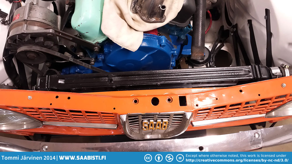 The Saab 99 radiator in place. We still need to make some changes to the fittings.