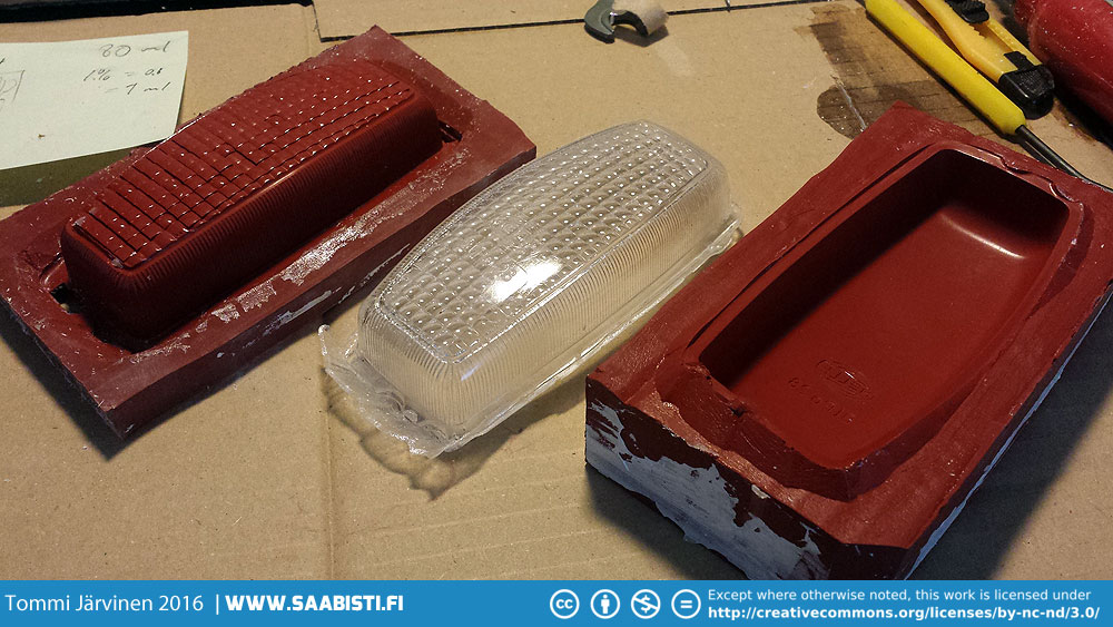 Silicone molds and the resin cast directional light lens for my Saab Sport.