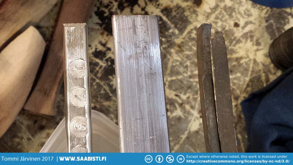 From left: Lead free and leaded body solder and on the right pure lead.